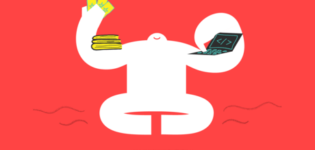A white cartoon yeti meditating with books in their left arm and a laptop in their right arm. 