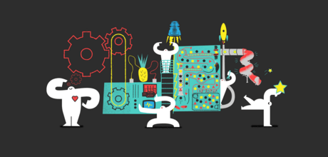 Yetis working at a Rube Goldberg machine