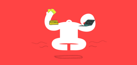 Yeti sitting, holding a laptop in one arm, and books and tarot cards in the other.