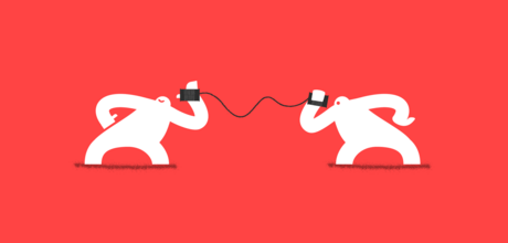 Two Yetis communicating with tin cans connected by string