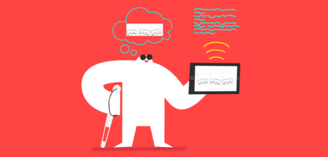 A yeti with a white cane and dark glasses listens to comic strip alt text and imagines the comic strip.