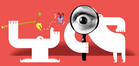 illustration of Yetis inspecting a butterfly