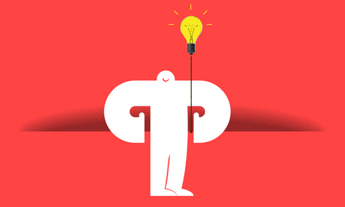 White yeti standing against a red background holding a floating light bulb connected by a string