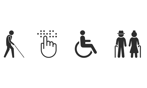 Blind icon, braille icon, wheelchair icon and elderly couple icon