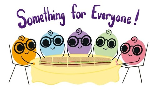 Bunch of hand drawn lil Nerdies sitting around a table with the text "something for everyone" over their heads