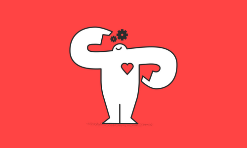 A white cartoon yeti with a red heart on their chest, and gears above their head