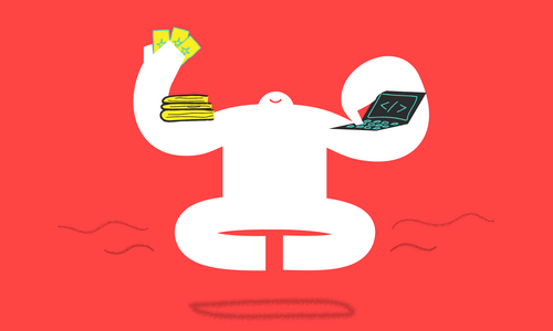 A white cartoon yeti meditating with books in their left arm and a laptop in their right arm. 