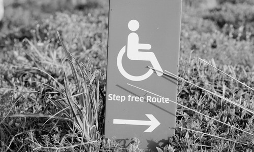 A black and white image of a sign positioned in a field of grass. The sign features the International Symbol of Access and the text Step free Route