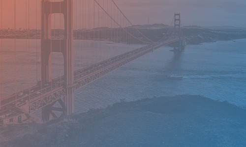 The Golden Gate bridge overlaid with a blue and orange gradient