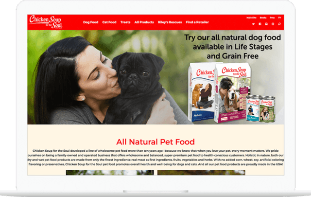 Chicken soup for the soul pets homepage displayed on a computer