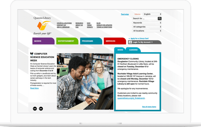 Queens Library website displayed on a computer