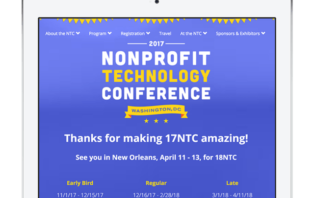 Tablet shows the NTC-17 homepage, which consists of a logo and type over a blue background. 
