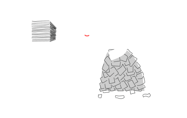 Yeti holding an organized pile of paper, leaning on a messy pile of paper.