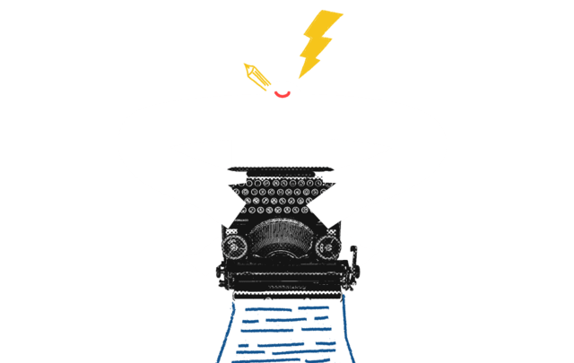 Yeti struck with idea writing on typewriter