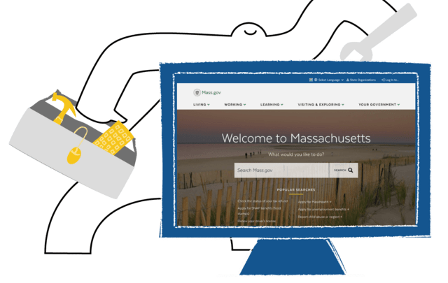 Yeti holding a toolbox repairing computer with mass.gov on the screen