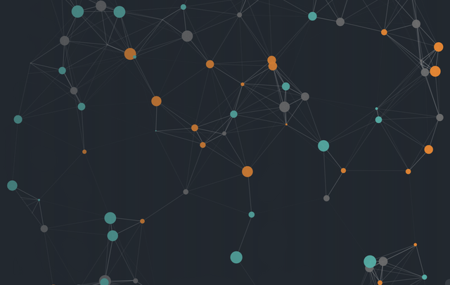 A geometric pattern of light blue and orange dots connected by lines