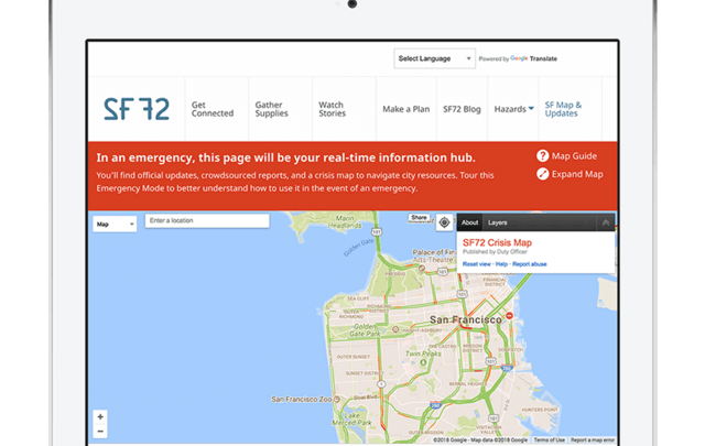 Computer tablet displaying the sf72.org website. On the website a map and a red alert can be seen.