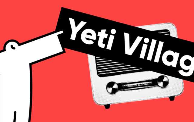 Yeti pointing to a vintage radio with the name of the podcast 'Yeti Village'