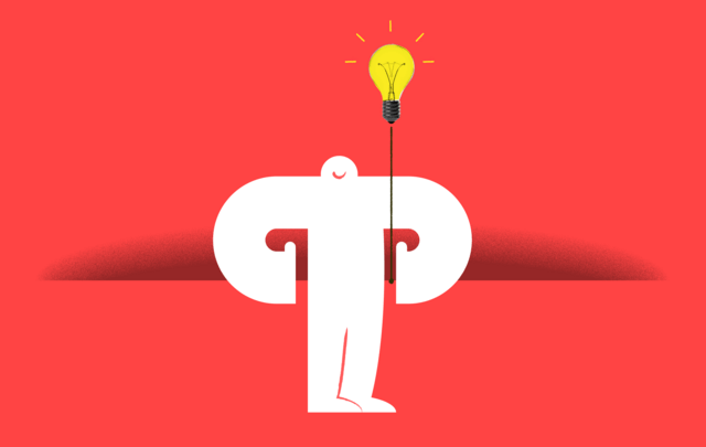 White yeti standing against a red background holding a floating light bulb connected by a string