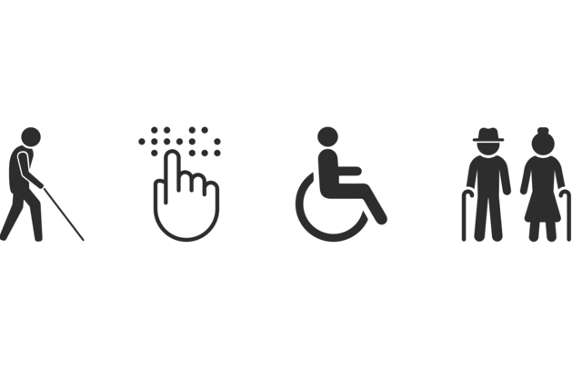 Blind icon, braille icon, wheelchair icon and elderly couple icon