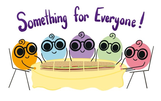 Bunch of hand drawn lil Nerdies sitting around a table with the text "something for everyone" over their heads