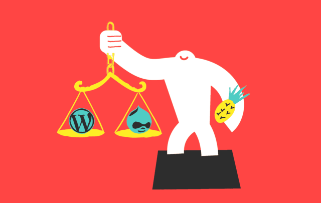 Yeti balancing Wordpress and Drupal logos on scale