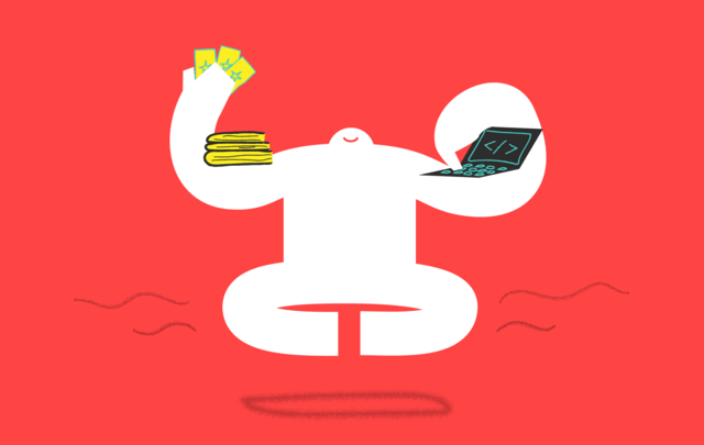 A white cartoon yeti meditating with books in their left arm and a laptop in their right arm. 