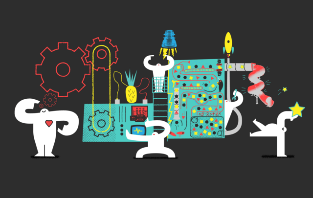 Yetis working at a Rube Goldberg machine