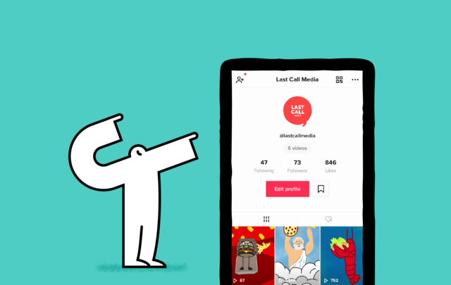 Yeti pointing to phone featuring Last Call Media's TikTok profile