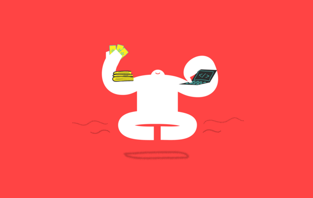 Yeti sitting, holding a laptop in one arm, and books and tarot cards in the other.