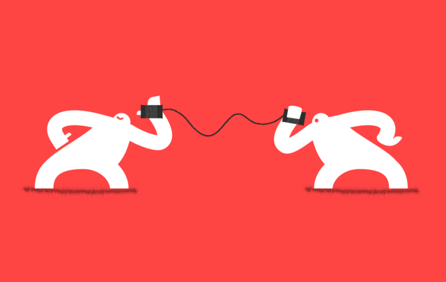 Two Yetis communicating with tin cans connected by string