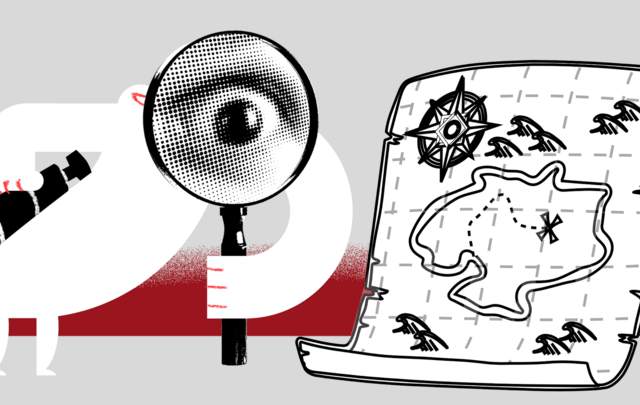 Yeti inspecting a map with a large magnifying glass.