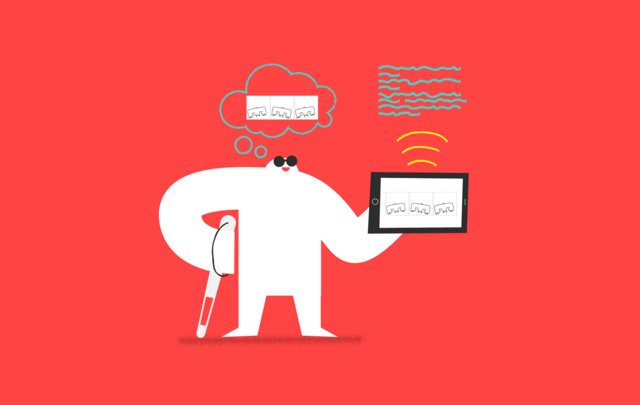 A yeti with a white cane and dark glasses listens to comic strip alt text and imagines the comic strip.