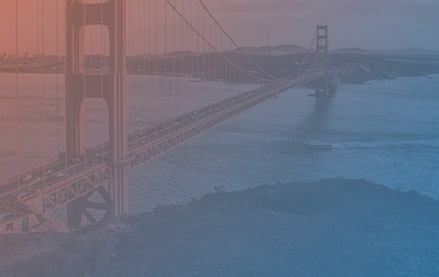 The Golden Gate bridge overlaid with a blue and orange gradient