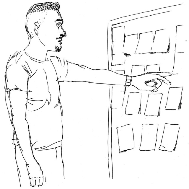 Illustration of Kelly pointing at sticky notes at the August Company Day