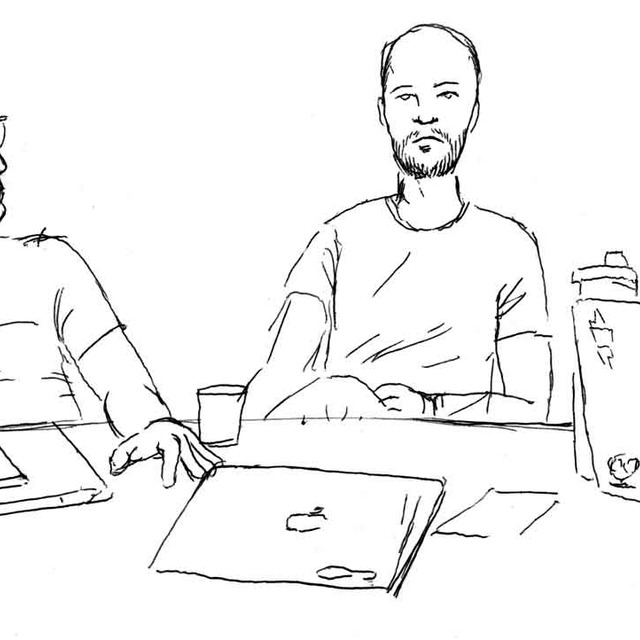 Illustration of Sean, Jeff, and Alex at the August Company Day