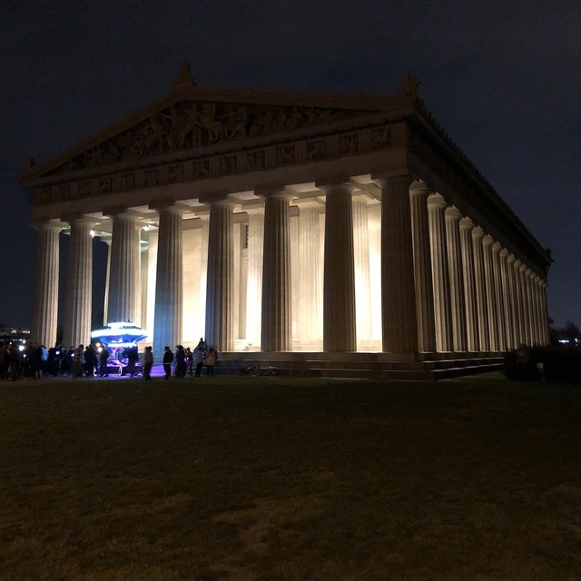 Night shot of Pantheon's UFO at the Parthenon 