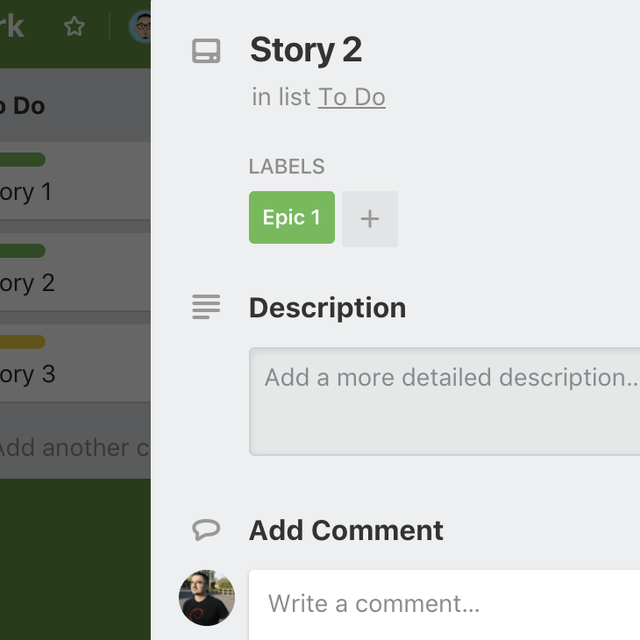 Screenshot of Stories as "Cards" in Trello