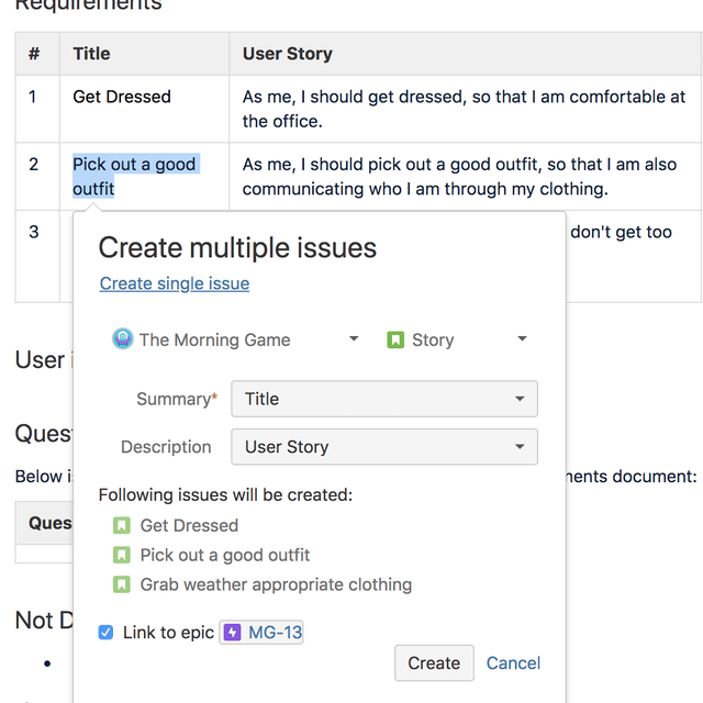 A screenshot on multiple issues from the Requirements table attached in Jira automatically.
