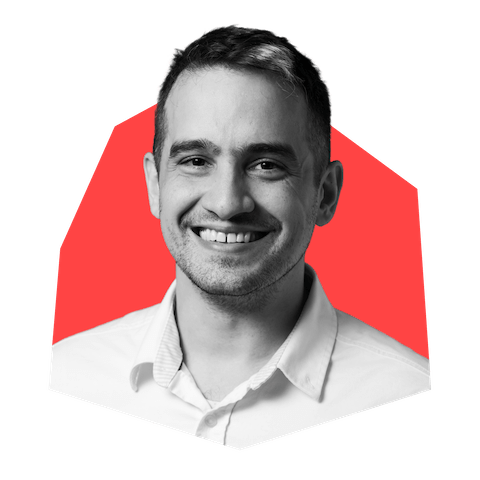 Silas Albrecht headshot inside a red shape
