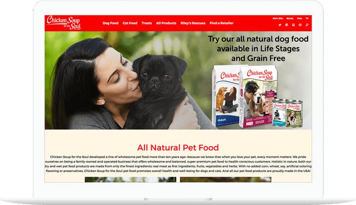 Chicken soup for the soul pets homepage displayed on a computer