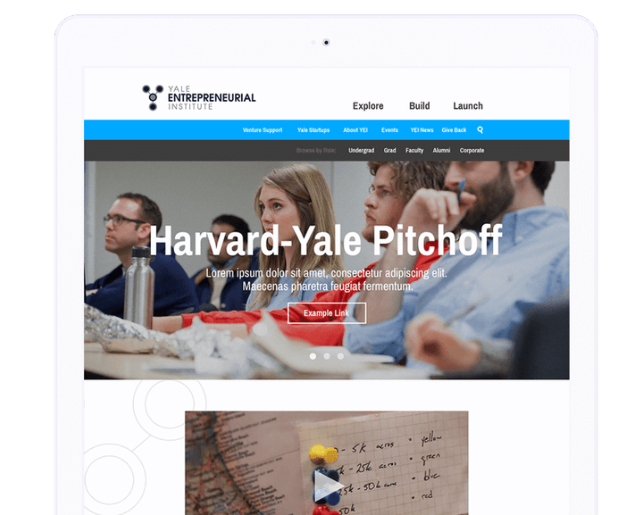Yale Entrepreneurial Institute website displayed on a tablet.