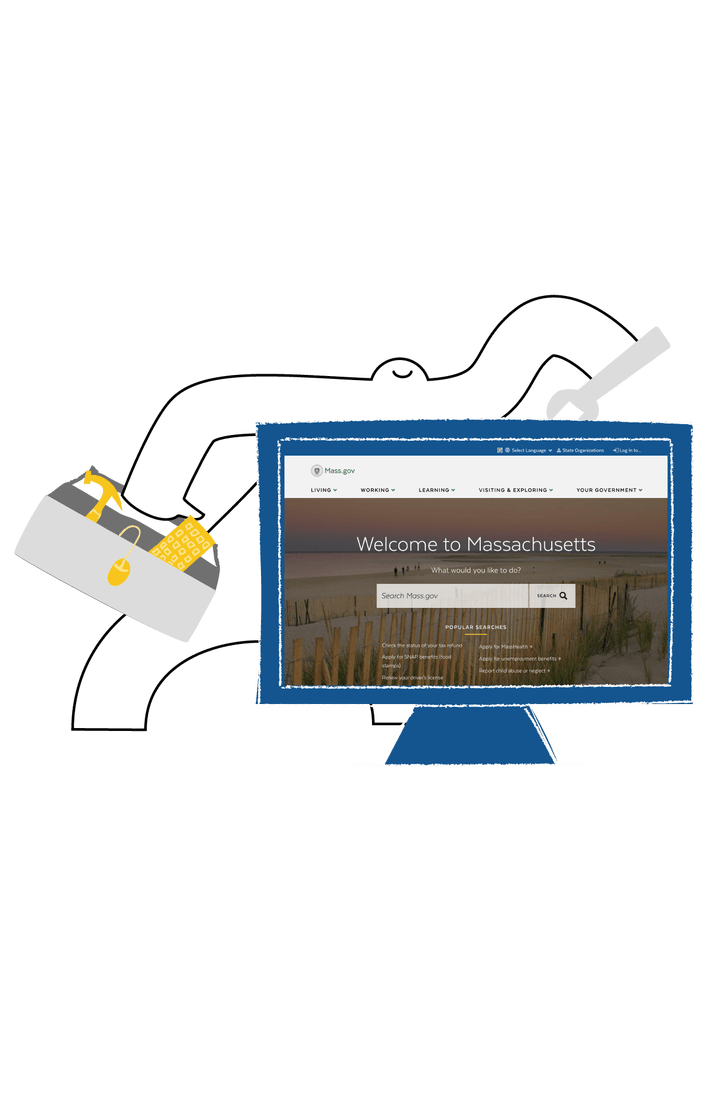 Yeti holding a toolbox repairing computer with mass.gov on the screen