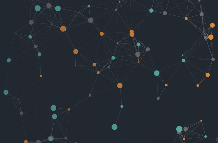 A geometric pattern of light blue and orange dots connected by lines