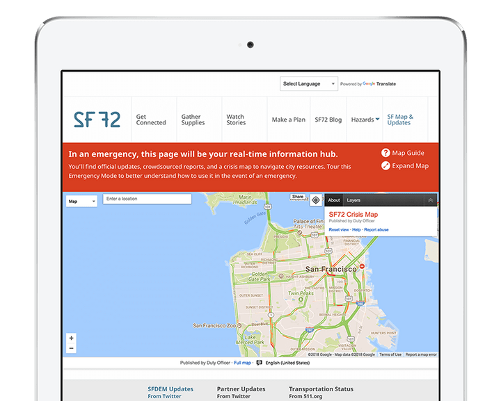 Computer tablet displaying the sf72.org website. On the website a map and a red alert can be seen.